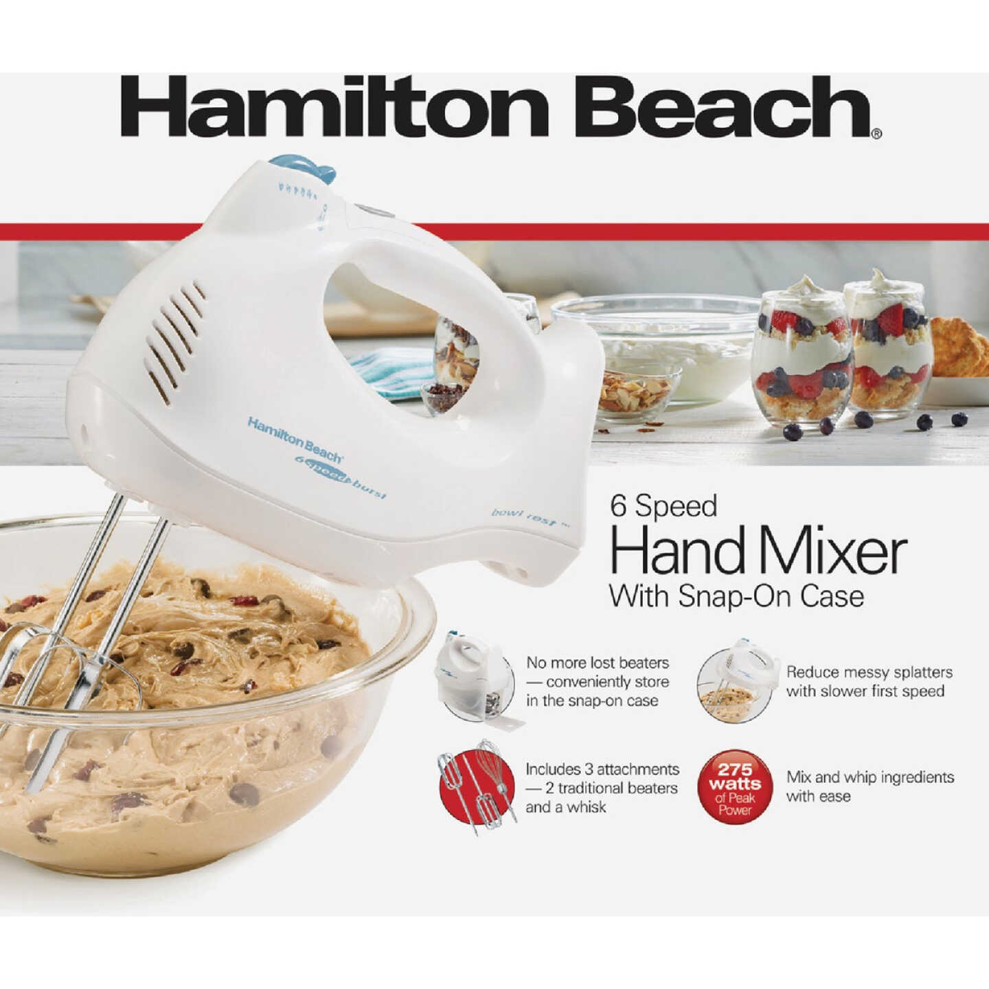 Hamilton Beach 6-Speed Electric Hand Mixer with Whisk, Traditional Beaters,  Snap-On Storage Case, Dough Hooks, Red
